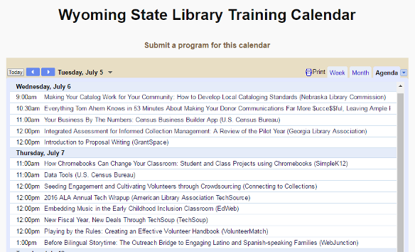July 5, 2016 Training Calendar