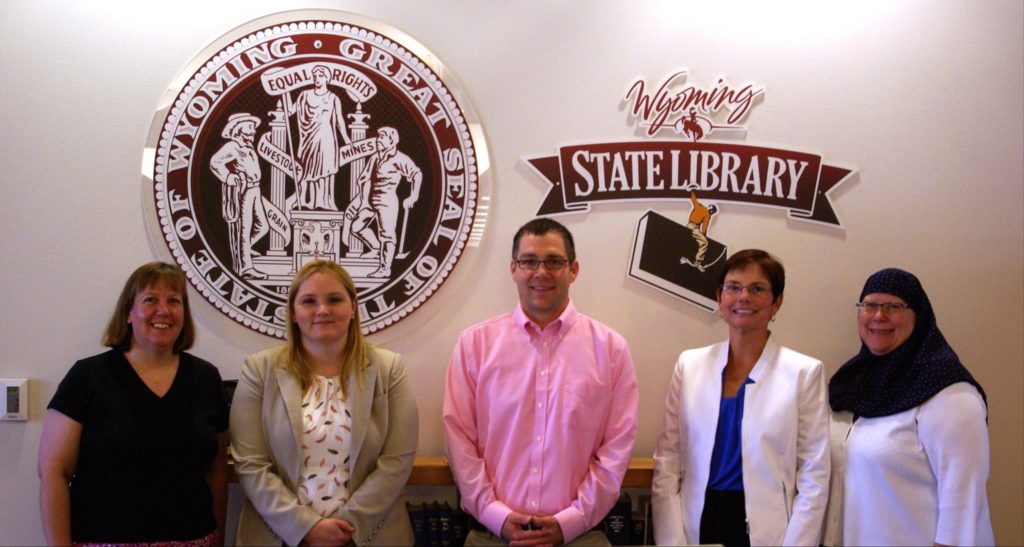 GPO visit: L to R: Tekla Slider, Federal Documents Librarian -WSL; Jaime Huaman, Outreach Librarian -U.S. Government Publishing Office; Jamie Markus, Interim State Librarian -WSL; Karen Kitchens, State Publications Librarian -WSL; Robin Haun-Mohamed, Director of Collection Management and Preservation -U.S. Government Publishing Office