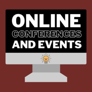 Illustration of computer monitor with "Online Conferences and Events" in text